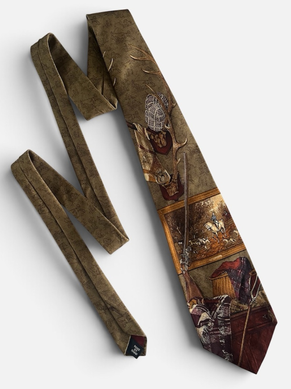POLO RALPH LAUREN Vintage Silk Tie Brown Equestrian Hunting Scene Antlers